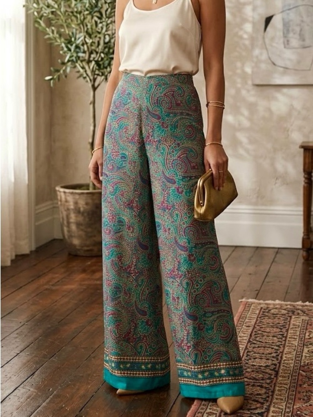 Urban Lux Boho Paisley Wide Leg Palazzo Pants Vibrant India Festival Hippie Chic